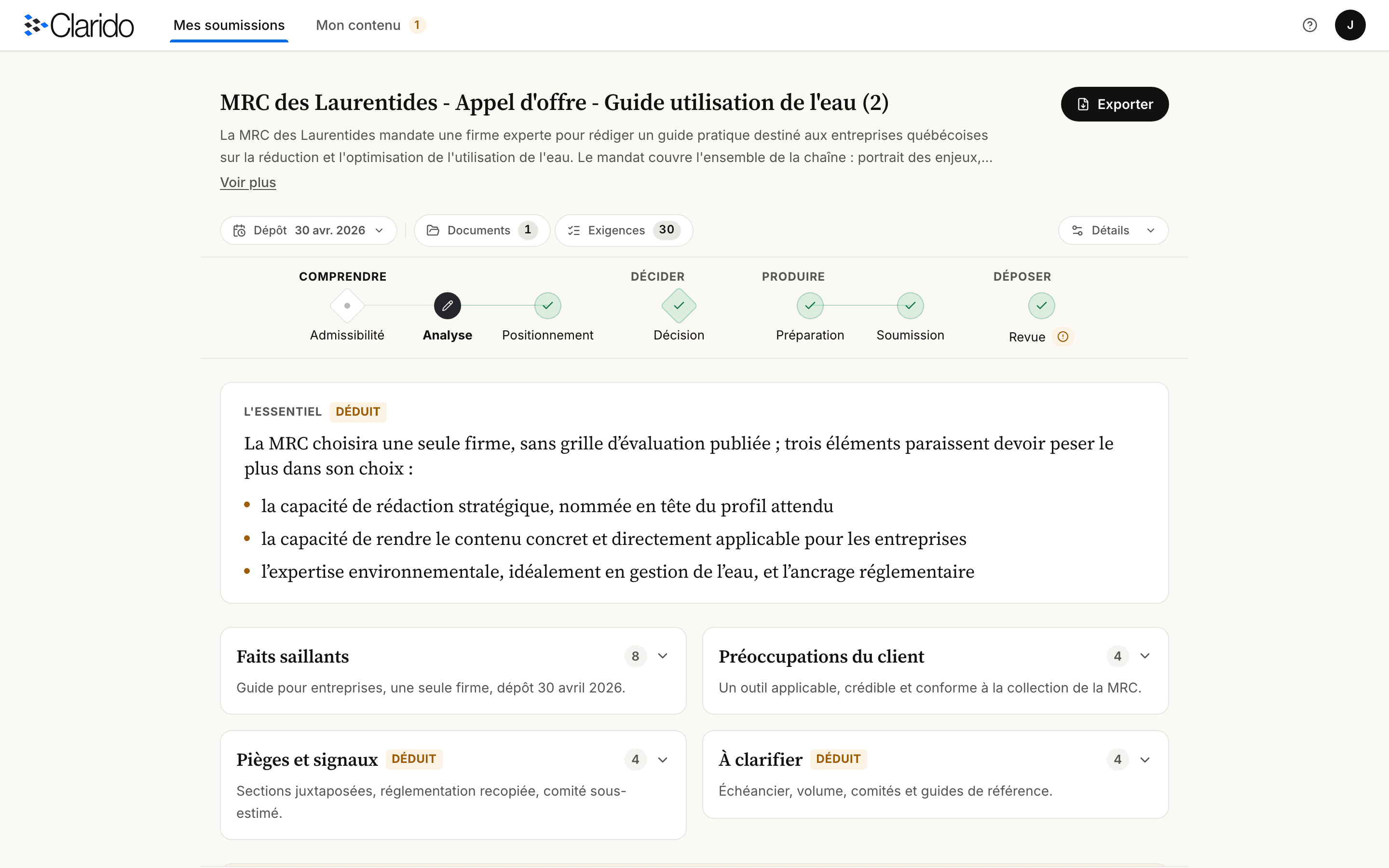 L'onglet Analyse de Clarido : le parcours Comprendre, Décider, Produire, Déposer, un bloc « L'essentiel » marqué Déduit, puis quatre fiches, Faits saillants, Préoccupations du client, Pièges et signaux, À clarifier.